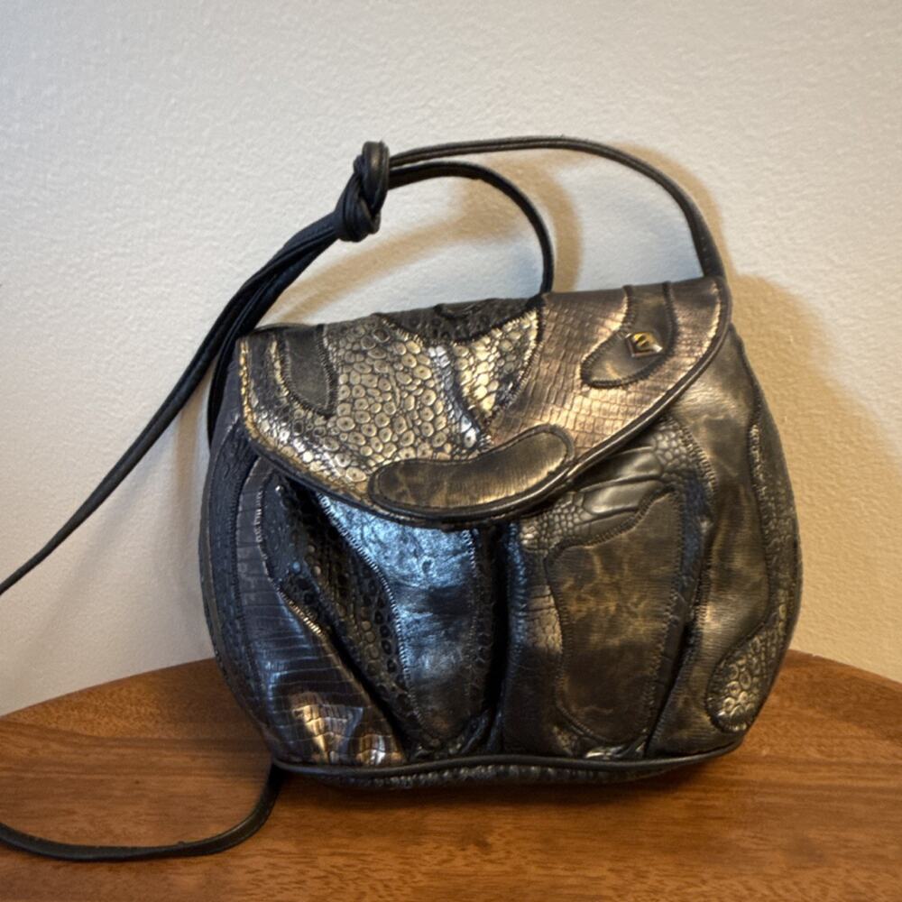 NAS Vintage Black & Silver Bronze Leather Shoulder Bag